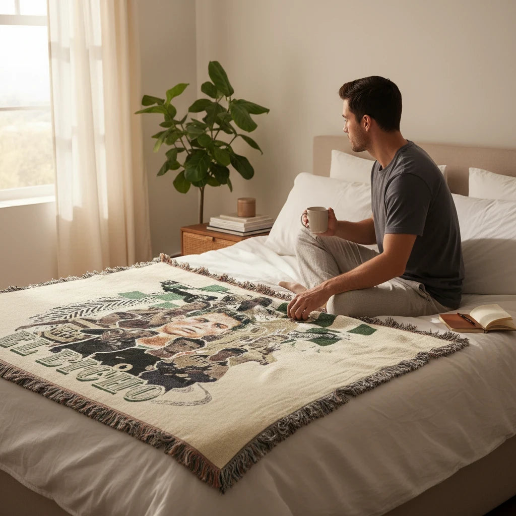 Futbol Addict Cristiano Ronaldo El Bicho woven cotton blanket with fringed edges draped on a bed in a bedroom
