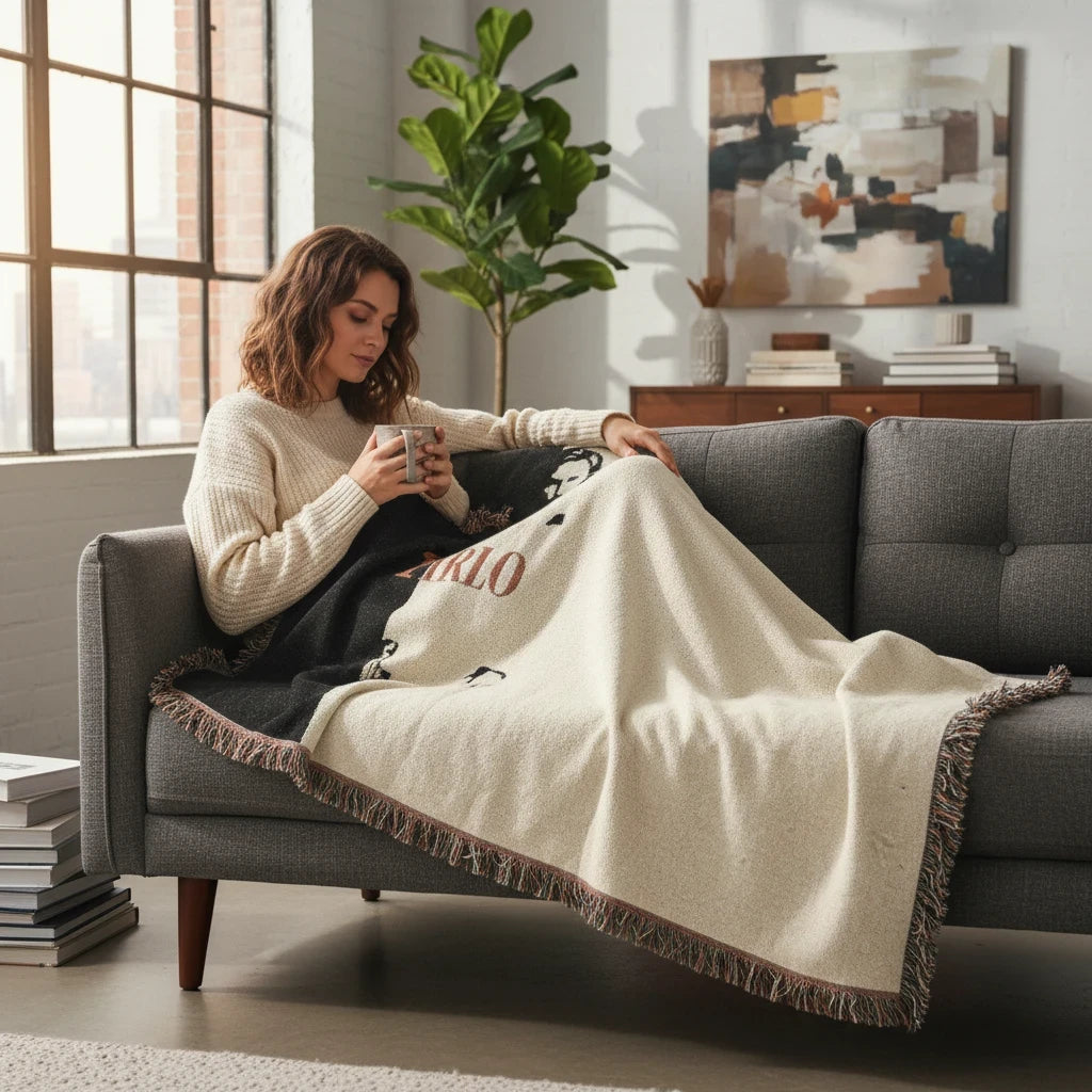 Futbol Addict Pirlo Scarface woven cotton blanket with fringed edges draped over a woman sitting on a grey couch