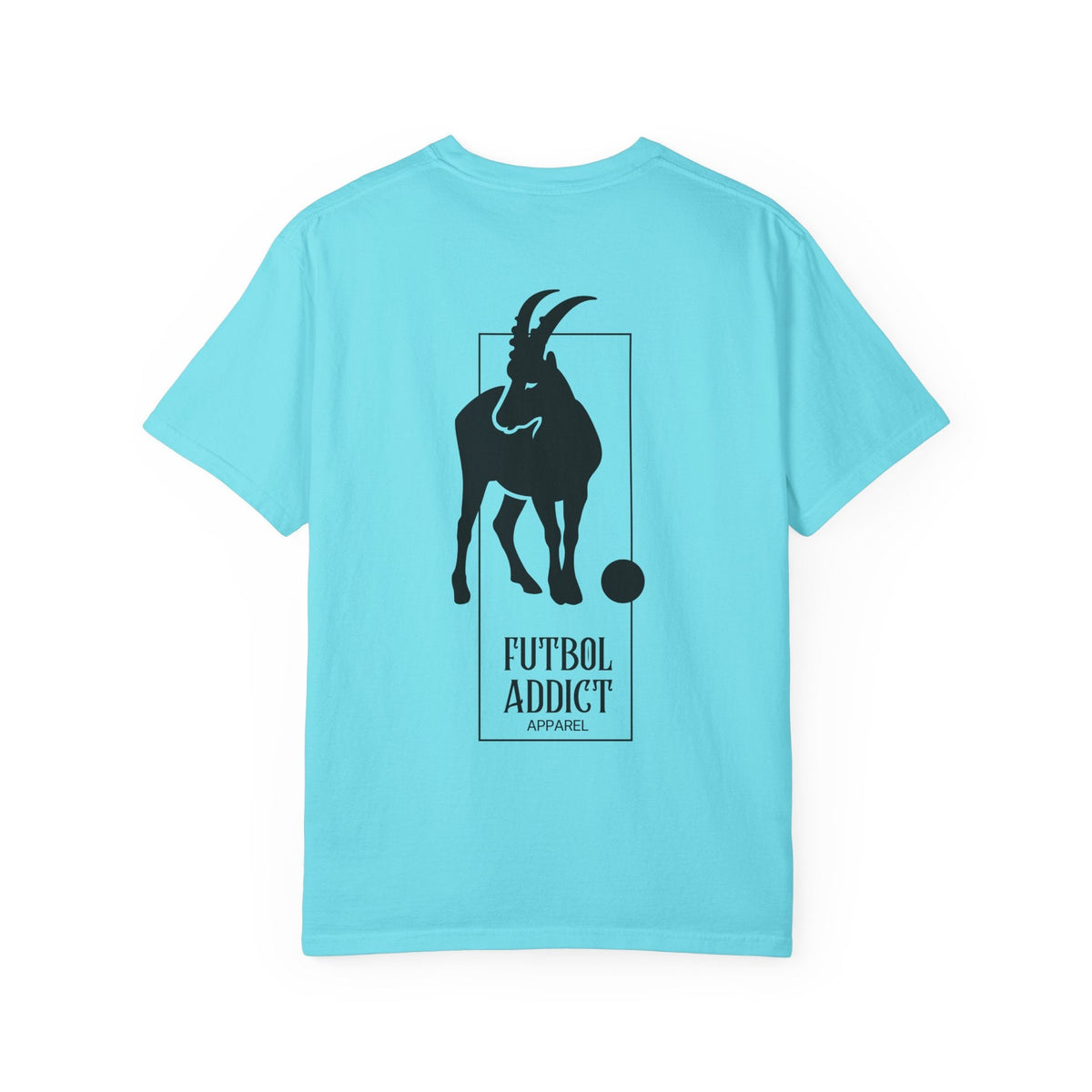 Futbol Addict light blue oversized cotton graphic tee featuring a black goat illustration on the back