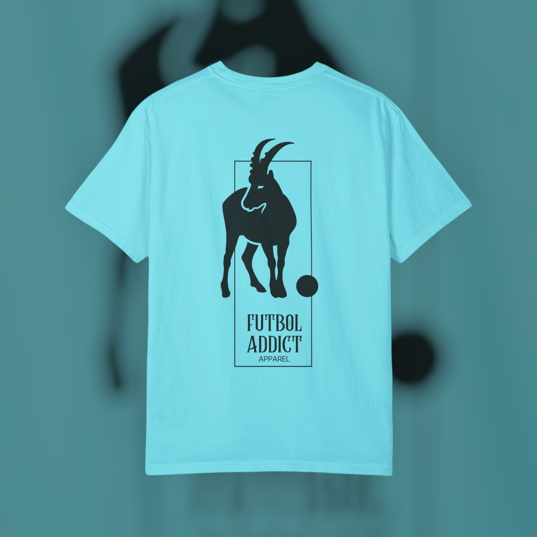 Futbol Addict light blue oversized cotton t-shirt featuring a black goat graphic on the back