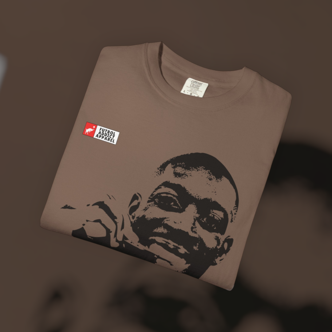 Futbol Addict brown oversized cotton graphic tee featuring a black portrait print of Ousmane Dembele