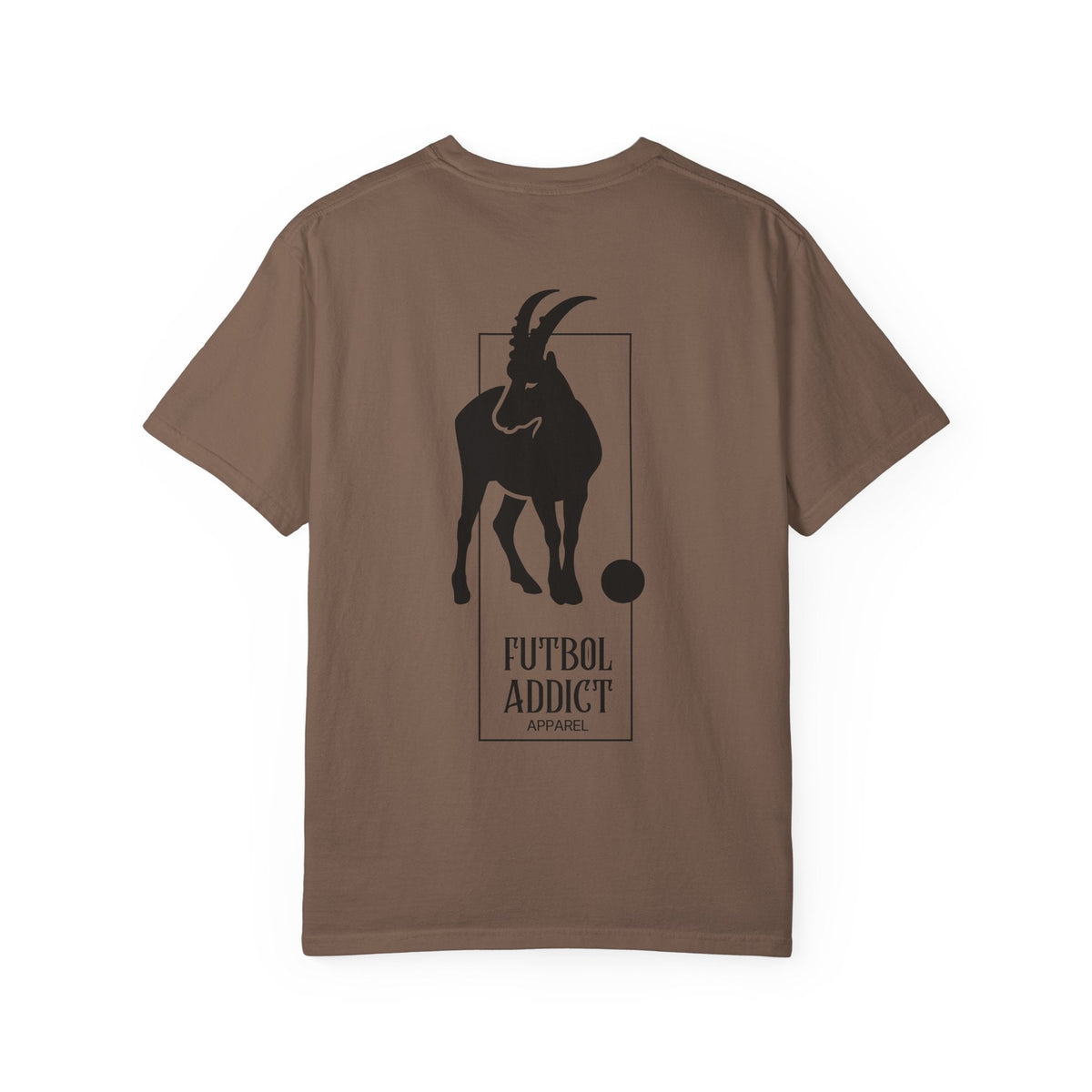 Futbol Addict brown oversized cotton t-shirt featuring a black goat graphic print on the back
