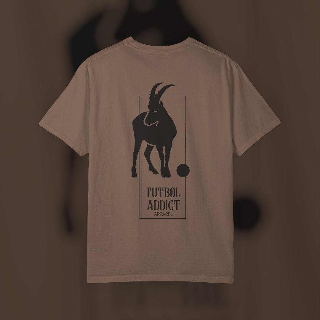 Futbol Addict brown oversized cotton graphic t-shirt featuring a black goat illustration on the back