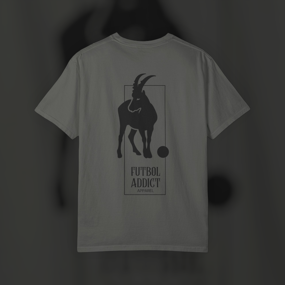 Futbol Addict oversized charcoal grey cotton graphic tee featuring a goat illustration and brand logo on the back
