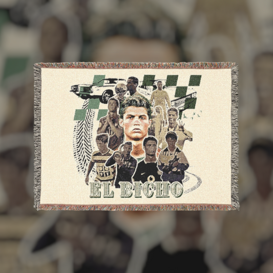 Futbol Addict Cristiano Ronaldo El Bicho woven cotton blanket with colorful fringed edges and football collage art.