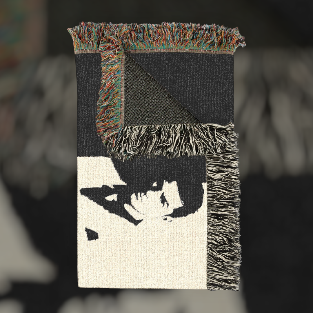 Futbol Addict Cristiano Scarface woven cotton blanket featuring a black and white portrait with colorful fringed edges