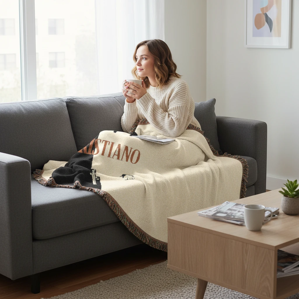 Futbol Addict Cristiano Scarface woven cotton blanket with fringed edges draped over a woman sitting on a grey couch.