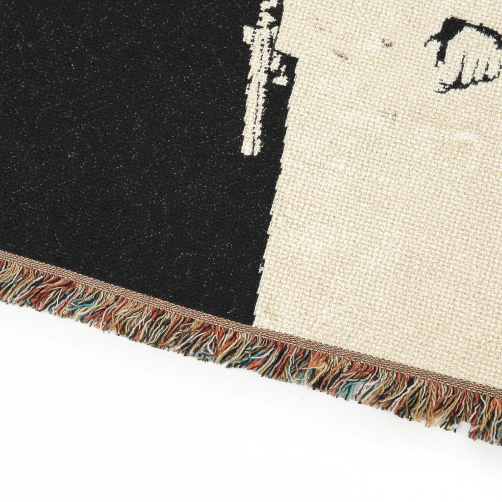 Futbol Addict Cristiano Scarface woven cotton blanket featuring black and cream threads with colorful fringed edges.