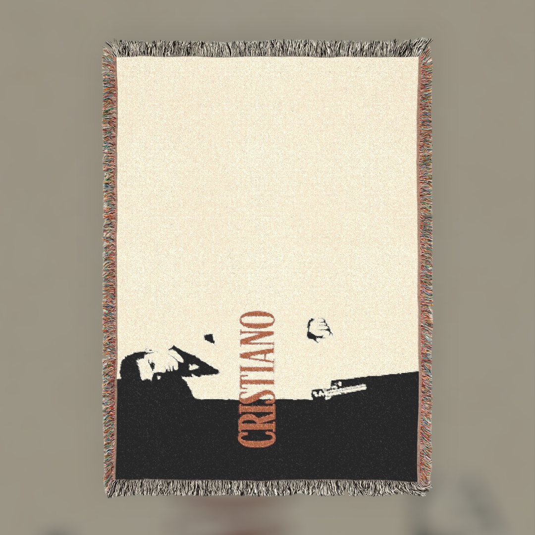 Futbol Addict Cristiano Scarface woven cotton blanket with colorful fringed edges and a portrait graphic