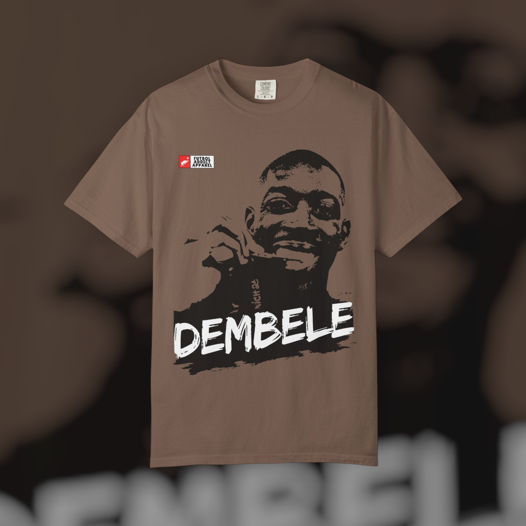 Futbol Addict brown oversized cotton graphic tee featuring a vintage-style portrait of Ousmane Dembele