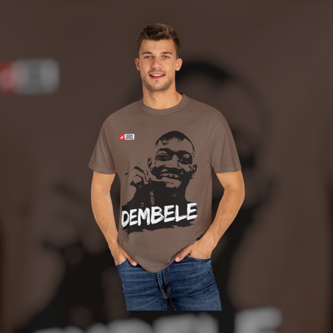 Futbol Addict oversized brown cotton graphic tee featuring Ousmane Dembele portrait worn by a smiling male model
