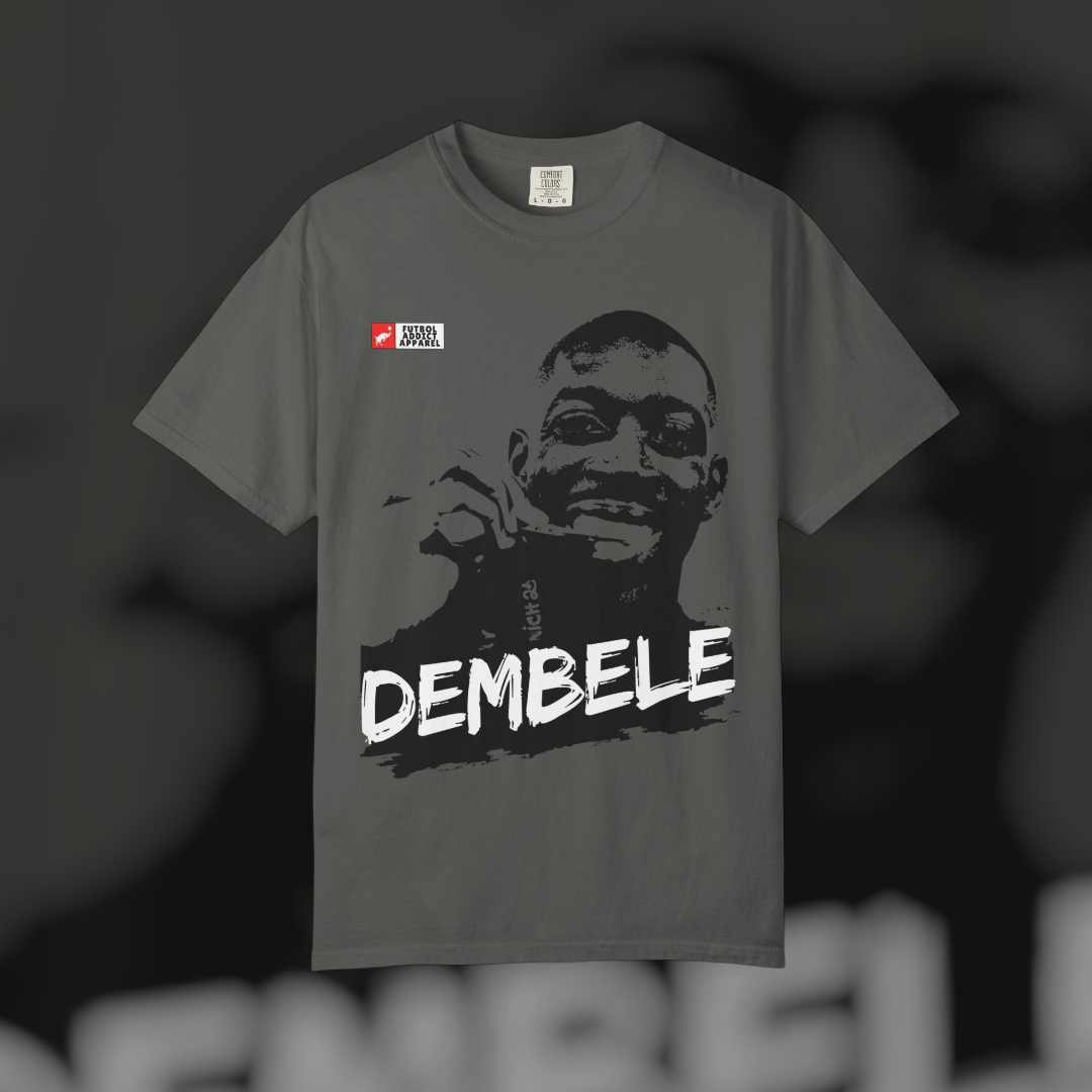 Futbol Addict oversized charcoal grey cotton graphic tee featuring a vintage-style portrait of Ousmane Dembele