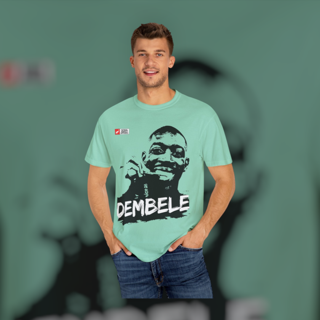 Futbol Addict oversized mint green cotton graphic tee featuring a black and white portrait of Ousmane Dembele
