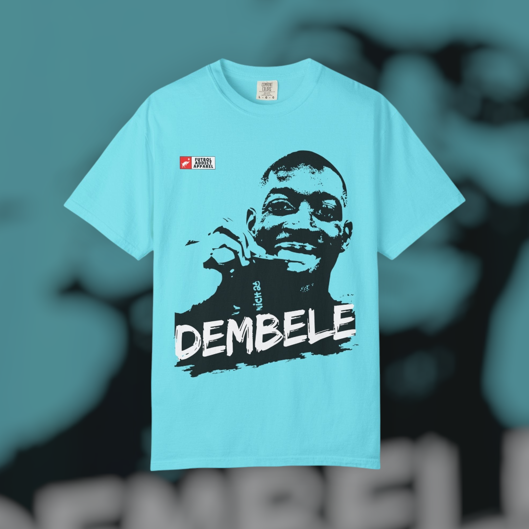 Futbol Addict oversized light blue cotton graphic tee featuring a black and white portrait of Ousmane Dembele