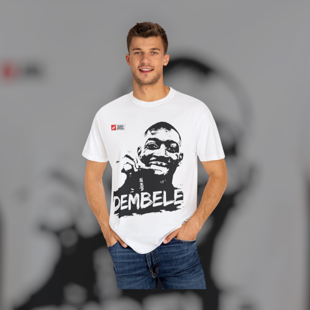 Futbol Addict oversized white cotton graphic tee featuring a black and white portrait of Ousmane Dembele