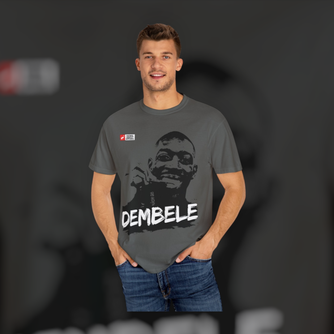 Futbol Addict oversized grey cotton graphic tee featuring a portrait of Ousmane Dembele worn by a smiling man.