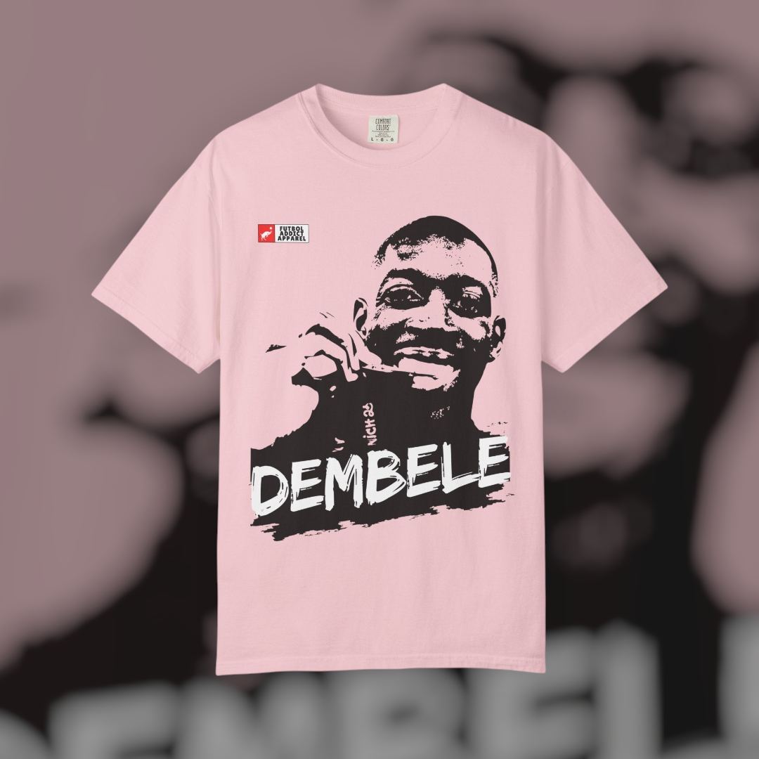 Futbol Addict oversized light pink cotton graphic tee featuring a black and white portrait of Ousmane Dembele.