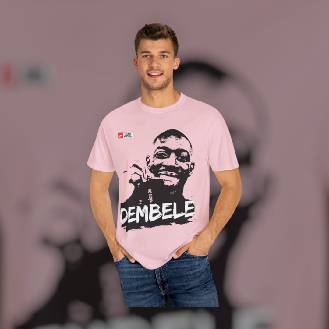 Futbol Addict oversized light pink cotton graphic tee featuring a black and white portrait of Ousmane Dembele.