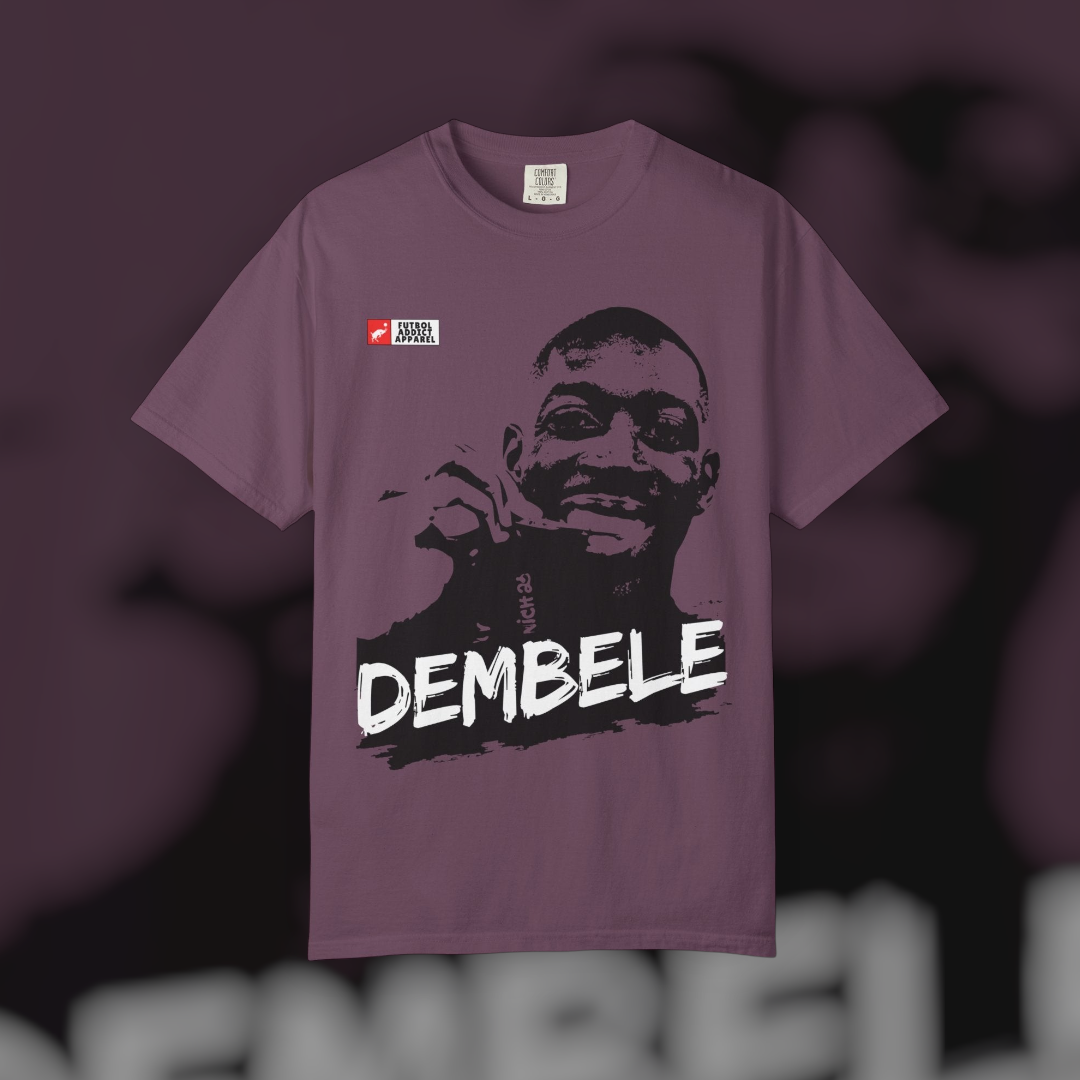 Futbol Addict oversized purple cotton graphic tee featuring a vintage-style portrait of Ousmane Dembele