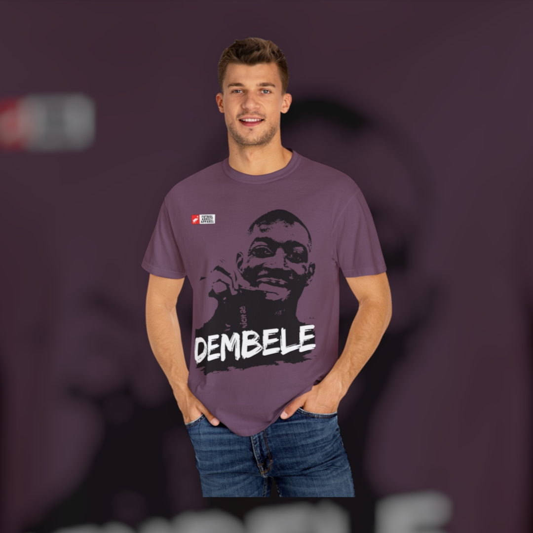 Futbol Addict oversized purple cotton graphic tee featuring a vintage-style portrait of Ousmane Dembele on a model.