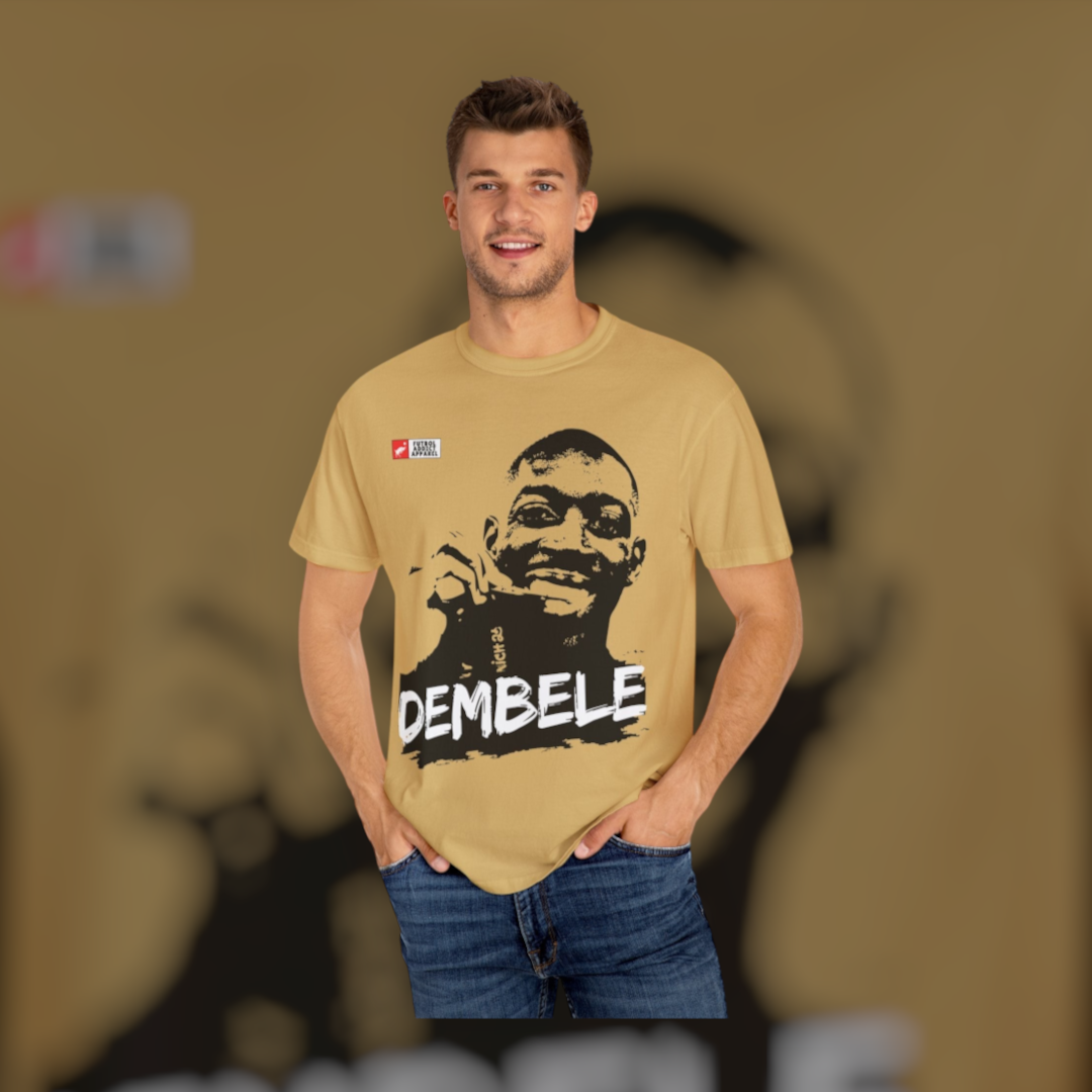 Futbol Addict oversized tan cotton graphic tee featuring a black and white portrait of Ousmane Dembele