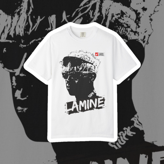 Futbol Addict white oversized cotton graphic tee featuring a black and white portrait of Lamine Yamal