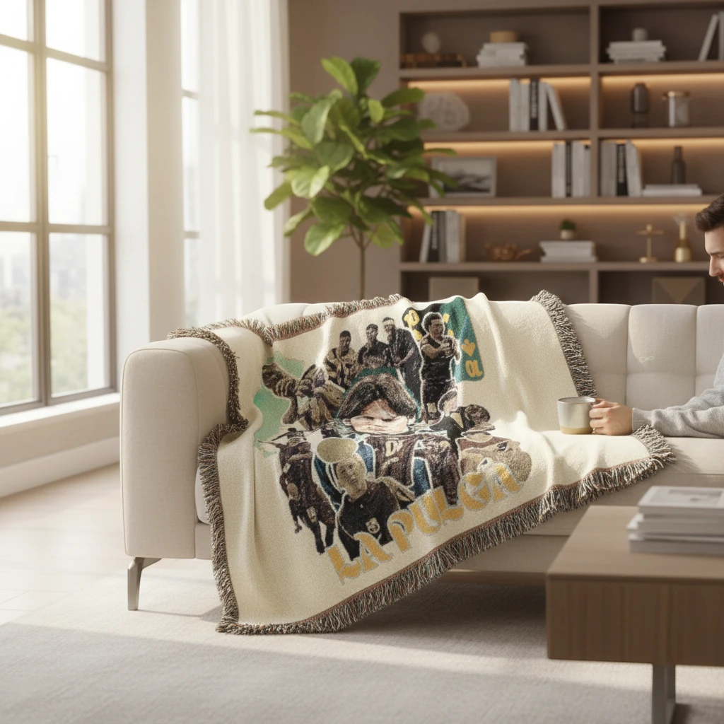 Futbol Addict Leo Messi woven cotton blanket with fringed edges draped over a modern couch in a living room
