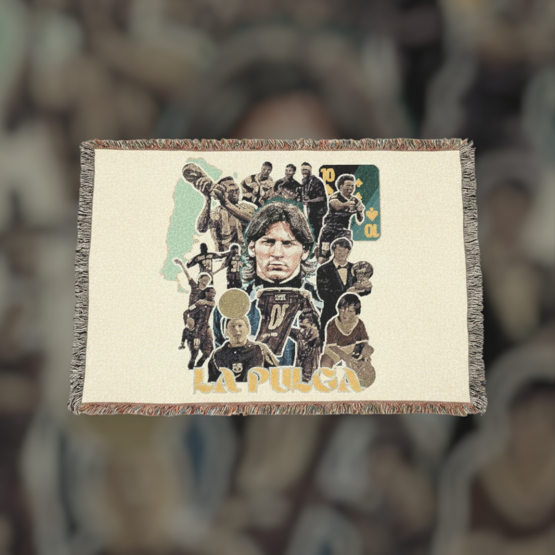 Futbol Addict Leo Messi woven cotton blanket featuring a collage of iconic career moments and fringed edges.