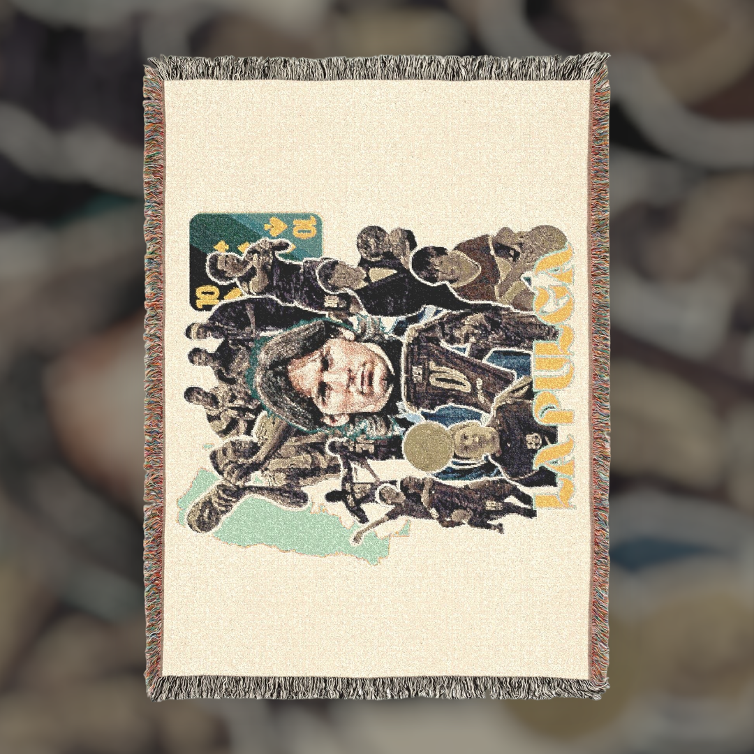 Futbol Addict Leo Messi woven cotton blanket featuring a colorful portrait and fringed edges for football fans
