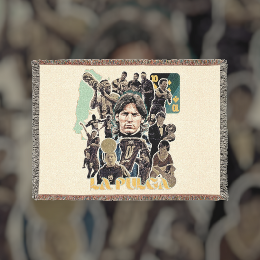Futbol Addict Leo Messi woven cotton blanket featuring a collage of iconic football moments and fringed edges.