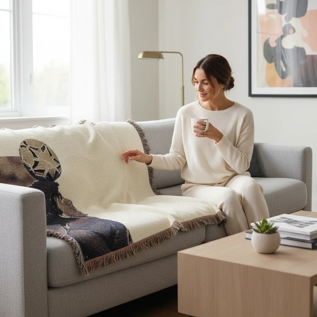 Futbol Addict Maradona Design woven cotton blanket with fringed edges draped over a grey couch in a bright living room