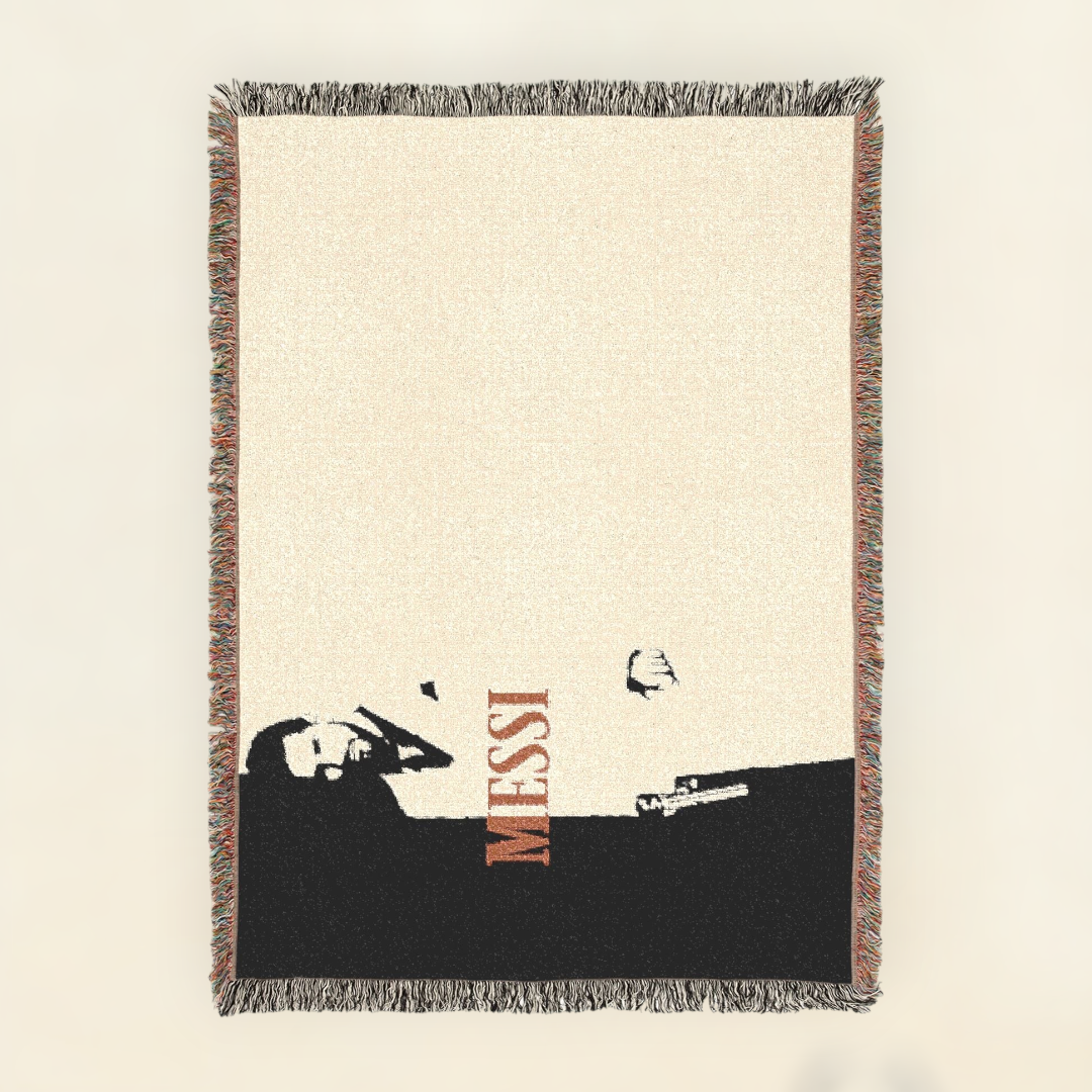 Futbol Addict Messi Scarface woven cotton blanket with colorful fringed edges and iconic football player graphic.