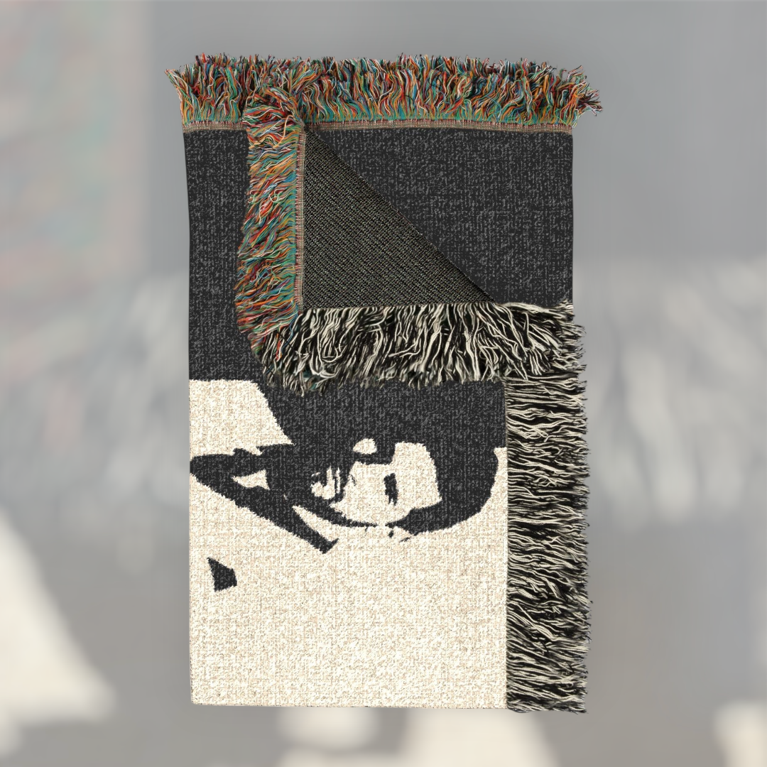 Futbol Addict Messi Scarface woven cotton blanket with colorful fringed edges and black and white portrait design.