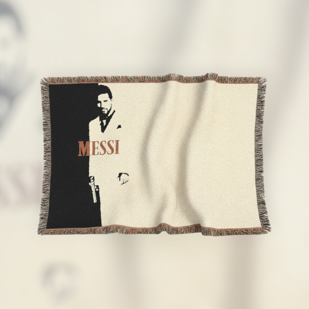 Futbol Addict Messi Scarface woven cotton blanket with black and beige design and colorful fringed edges.