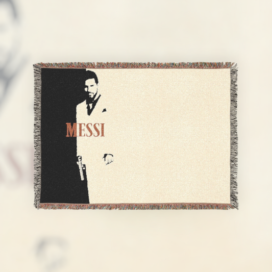 Futbol Addict Messi Scarface woven cotton blanket with colorful fringed edges and iconic football player graphic