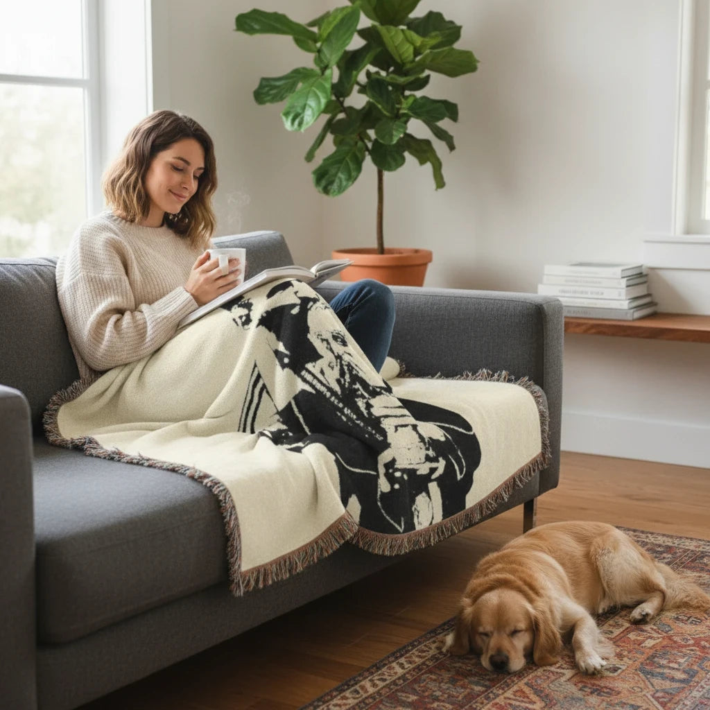 Futbol Addict Lionel Messi World Cup woven cotton blanket with fringed edges draped over a woman on a grey couch