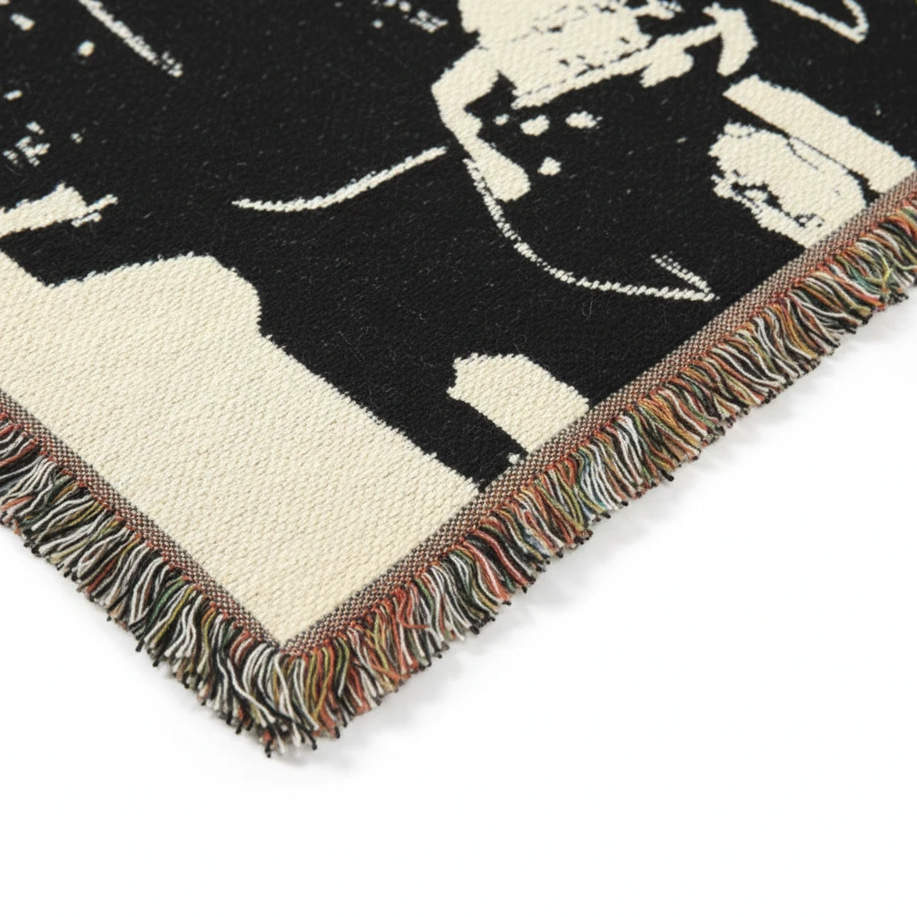 Futbol Addict Lionel Messi World Cup woven cotton blanket with black and white design and colorful fringed edges