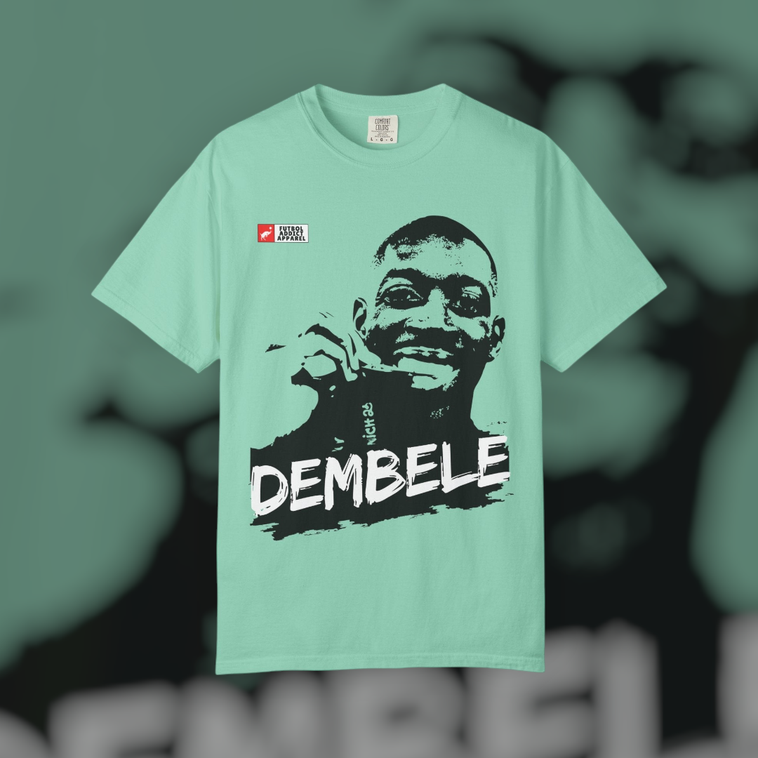 Futbol Addict oversized mint green cotton graphic tee featuring a black and white portrait of Ousmane Dembele