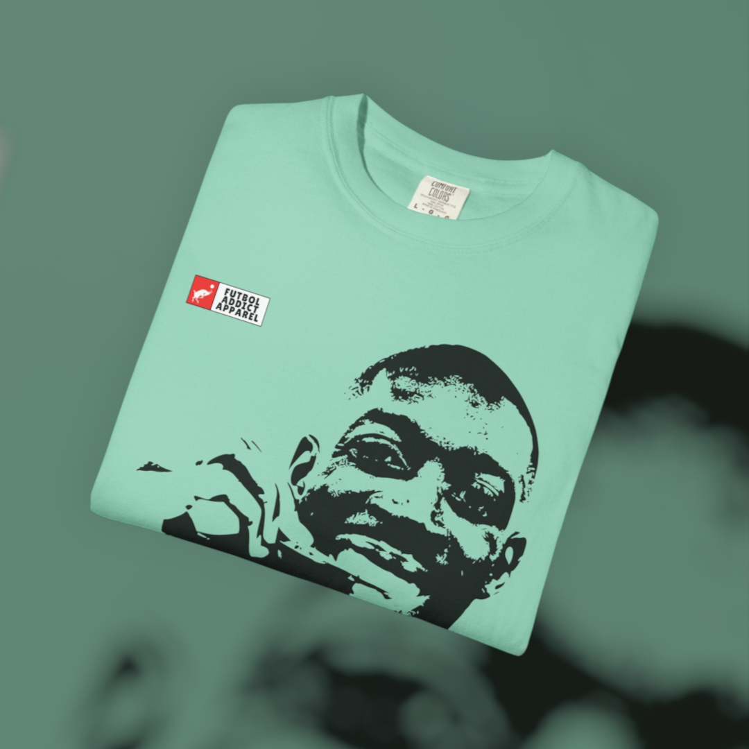 Futbol Addict oversized mint green cotton graphic tee featuring a black portrait print of Ousmane Dembele.