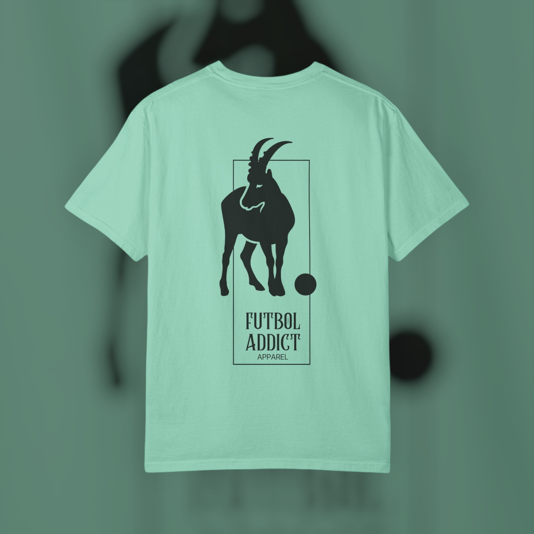 Futbol Addict oversized mint green cotton graphic tee featuring a black goat illustration on the back