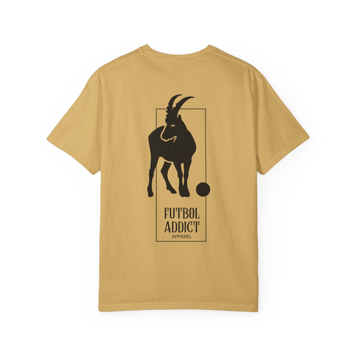 Futbol Addict oversized mustard yellow cotton graphic tee featuring a black goat illustration on the back