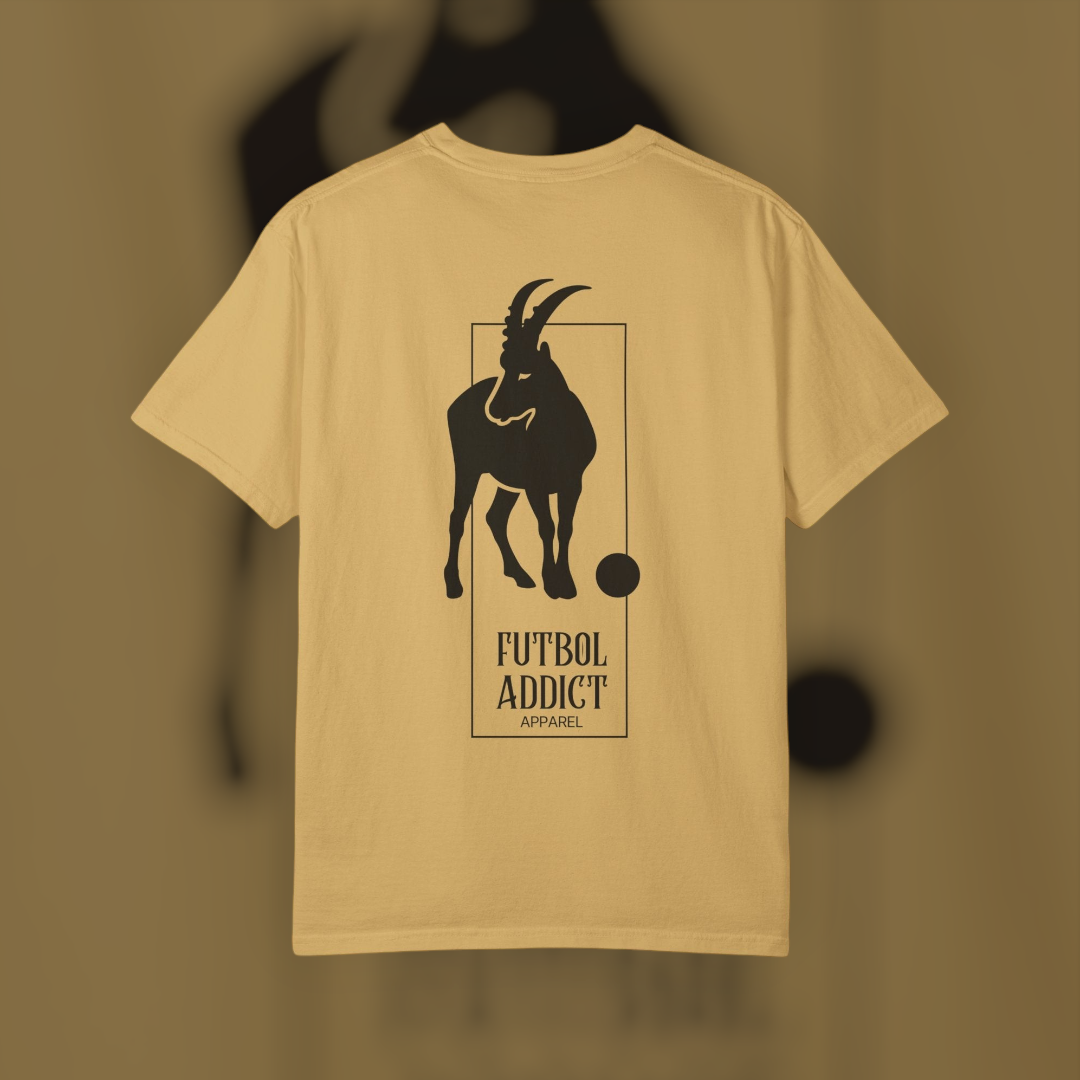 Futbol Addict oversized mustard yellow cotton graphic tee featuring a black goat illustration on the back