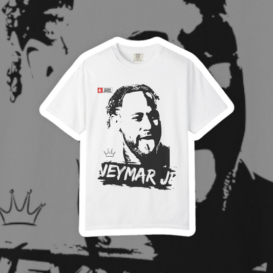 Futbol Addict white oversized cotton t-shirt featuring a black graphic print of Neymar Jr with a crown icon