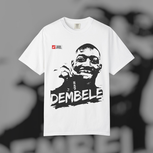 Futbol Addict white oversized cotton graphic tee featuring a black and white portrait of Ousmane Dembele
