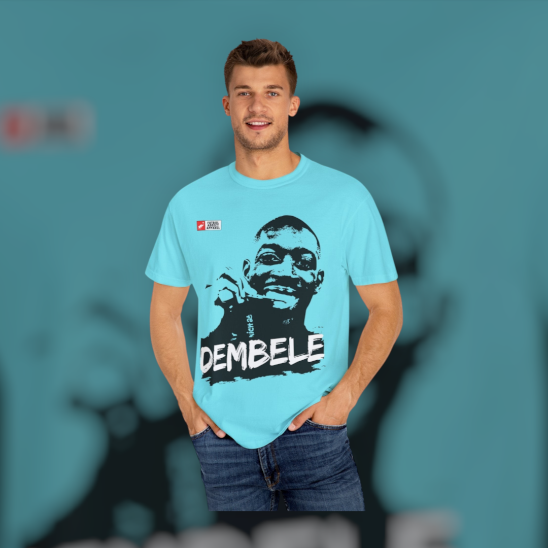 Futbol Addict oversized light blue cotton graphic tee featuring a black and white portrait of Ousmane Dembele