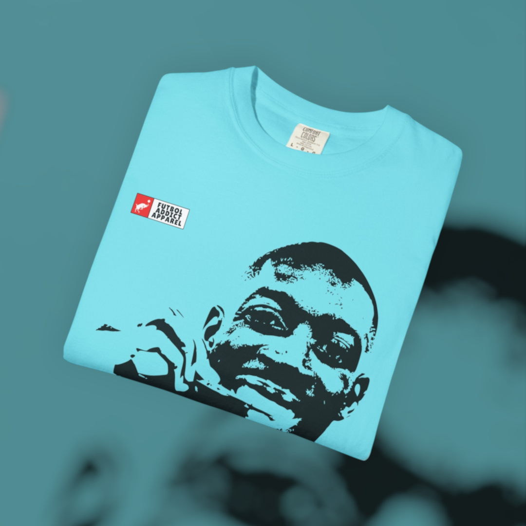 Futbol Addict oversized light blue cotton graphic tee featuring a black portrait print of Ousmane Dembele