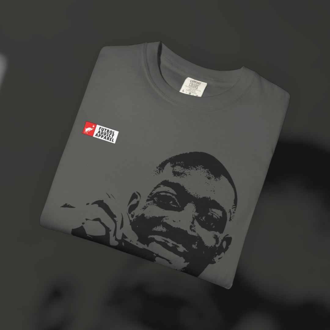 Futbol Addict oversized charcoal grey cotton graphic tee featuring a vintage-style portrait of Ousmane Dembele.