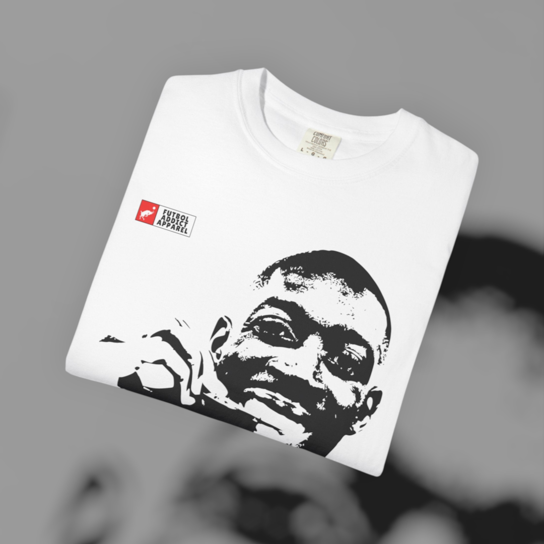 Futbol Addict white oversized cotton graphic tee featuring a black and white portrait of Ousmane Dembele.
