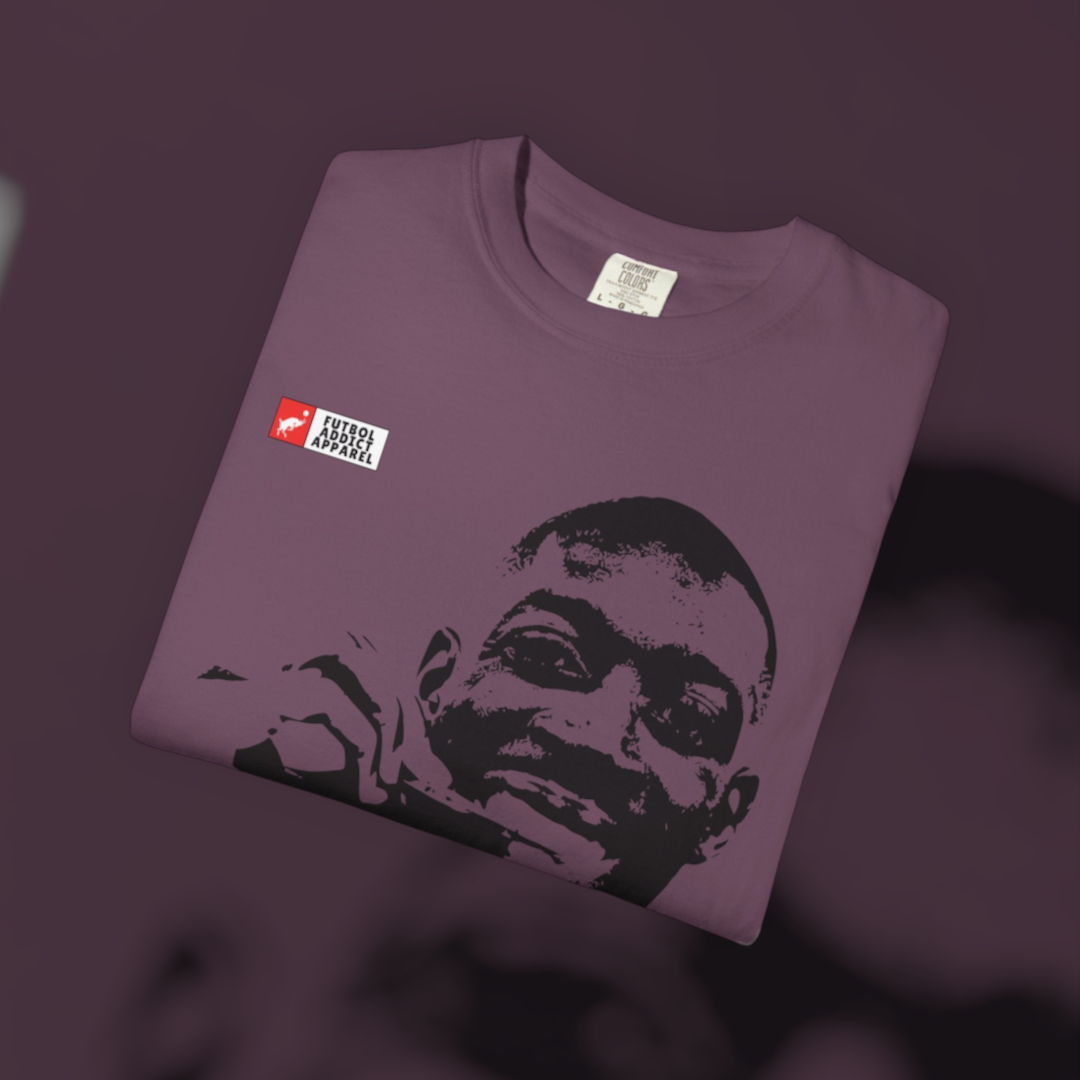 Futbol Addict oversized purple cotton graphic tee featuring a black portrait print of Ousmane Dembele