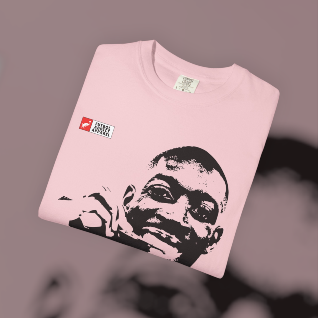 Futbol Addict oversized light pink cotton graphic tee featuring a black portrait print of Ousmane Dembele